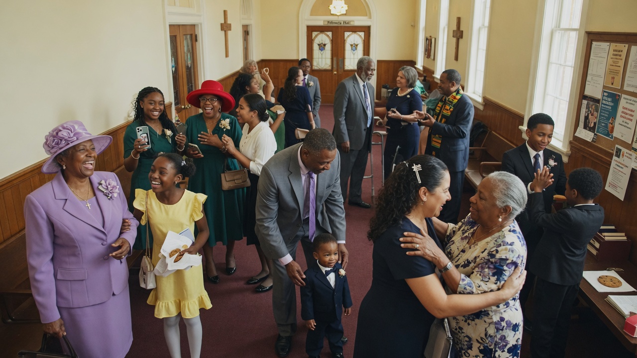 Church community fellowship after service — multi-generational congregation connecting