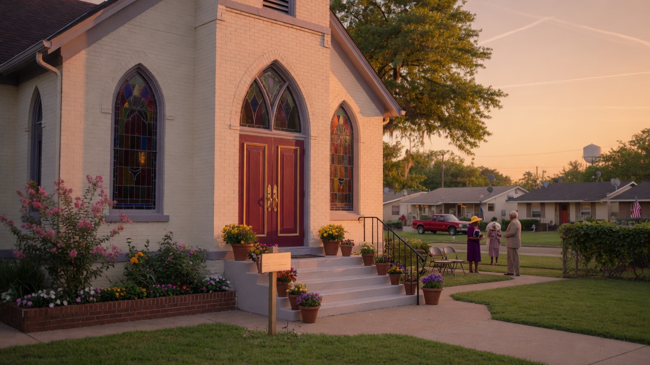 Welcoming church exterior — your physical home, mirrored by a strong digital front door